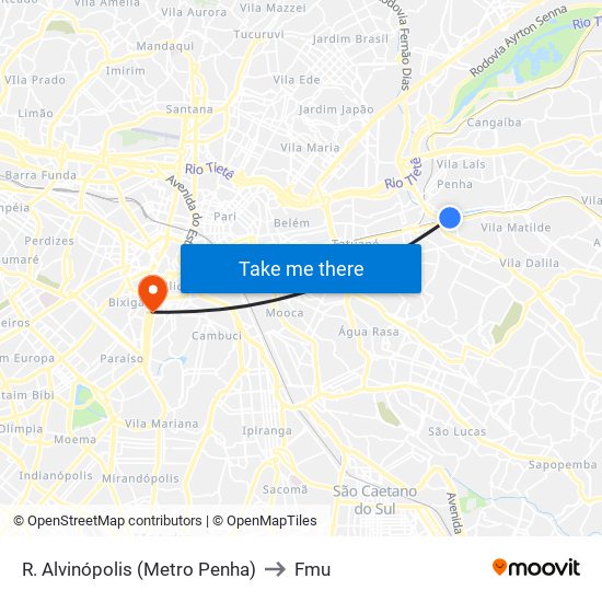 R. Alvinópolis (Metro Penha) to Fmu map