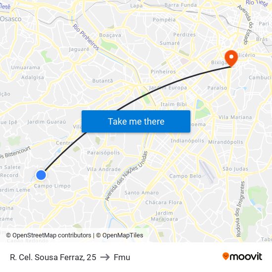 R. Cel. Sousa Ferraz, 25 to Fmu map