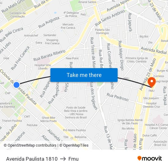 Avenida Paulista 1810 to Fmu map