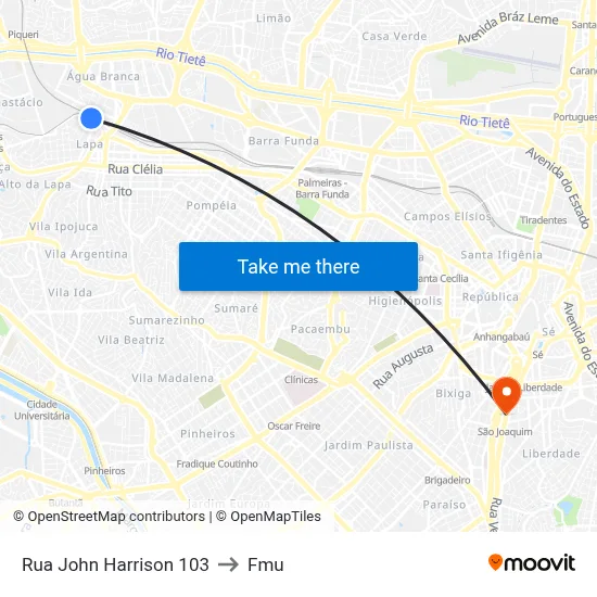 Rua John Harrison 103 to Fmu map
