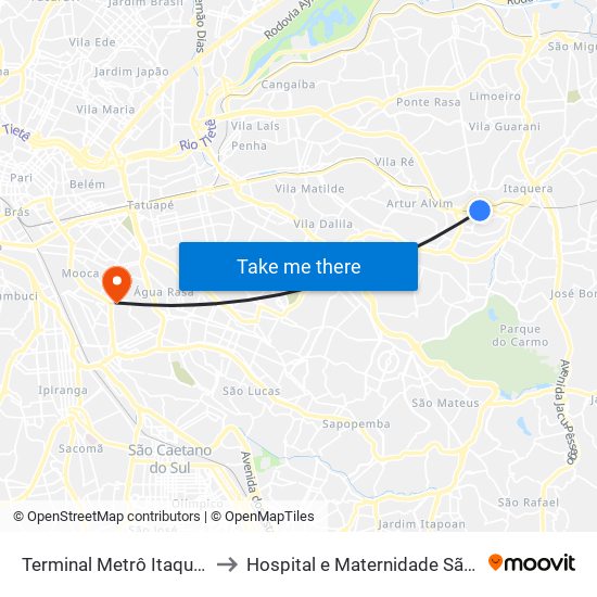 Terminal Metrô Itaquera Norte to Hospital e Maternidade São Cristóvão map