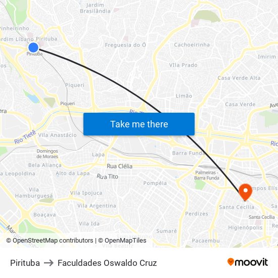 Pirituba to Faculdades Oswaldo Cruz map