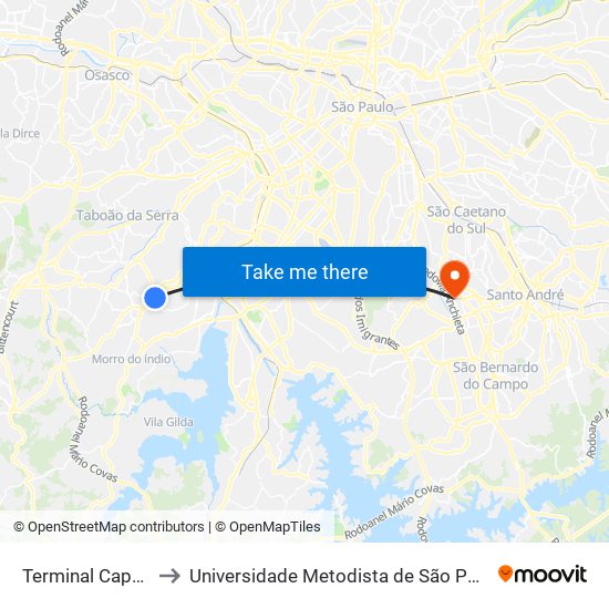 Terminal Capelinha - Plat. 1 to Universidade Metodista de São Paulo (Campus Rudge Ramos ) map