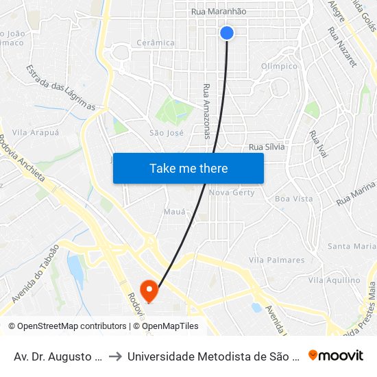 Av. Dr. Augusto de Toledo- 1123 to Universidade Metodista de São Paulo (Campus Rudge Ramos ) map