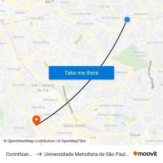 Corinthians-Itaquera to Universidade Metodista de São Paulo (Campus Rudge Ramos ) map