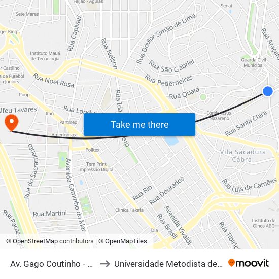 Av. Gago Coutinho - 803 (Padaria Gago Coutinho) to Universidade Metodista de São Paulo (Campus Rudge Ramos ) map