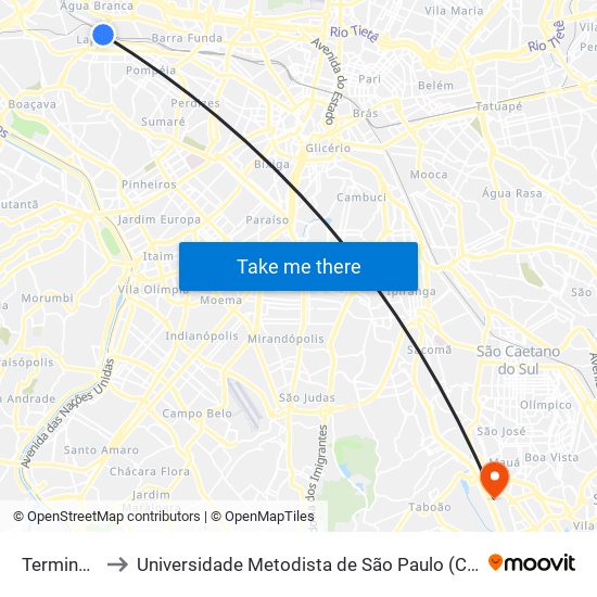 Terminal Lapa to Universidade Metodista de São Paulo (Campus Rudge Ramos ) map