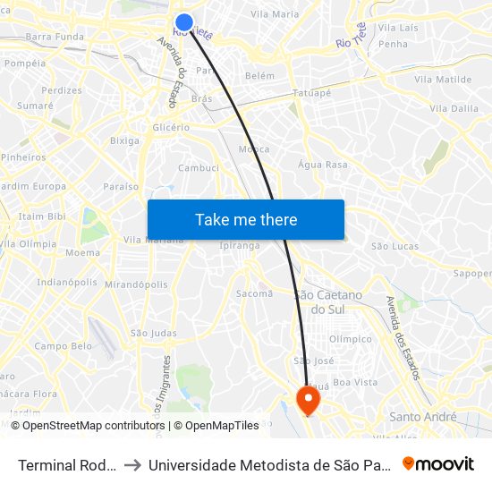 Terminal Rodoviário Tietê to Universidade Metodista de São Paulo (Campus Rudge Ramos ) map