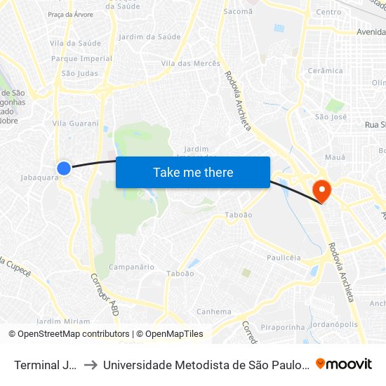 Terminal Jabaquara to Universidade Metodista de São Paulo (Campus Rudge Ramos ) map
