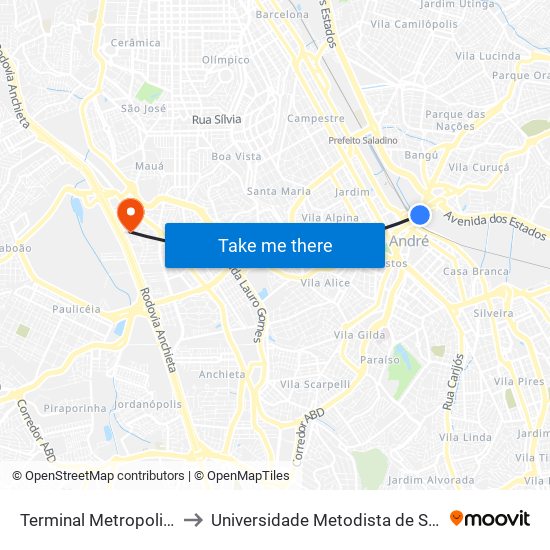 Terminal Metropolitano Santo André Leste to Universidade Metodista de São Paulo (Campus Rudge Ramos ) map