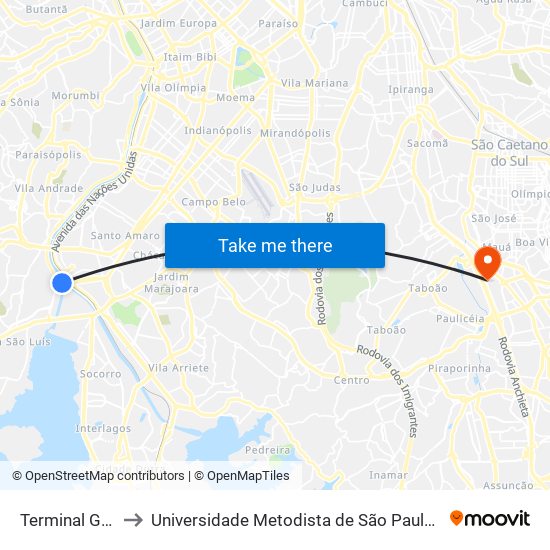 Terminal Guido Caloi to Universidade Metodista de São Paulo (Campus Rudge Ramos ) map