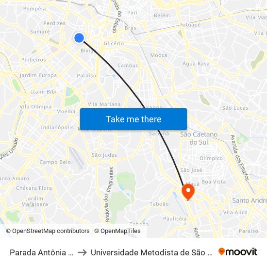 Parada Antônia de Queiróz (C/B) to Universidade Metodista de São Paulo (Campus Rudge Ramos ) map