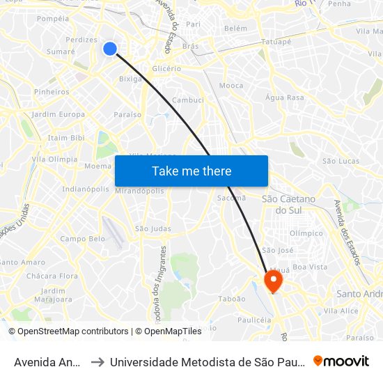 Avenida Angélica 1275 to Universidade Metodista de São Paulo (Campus Rudge Ramos ) map