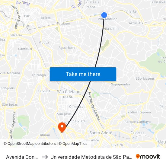Avenida Conde De Frontin to Universidade Metodista de São Paulo (Campus Rudge Ramos ) map