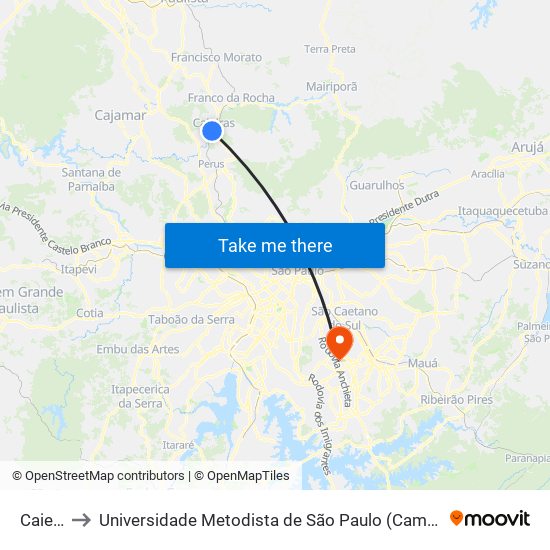 Caieiras to Universidade Metodista de São Paulo (Campus Rudge Ramos ) map