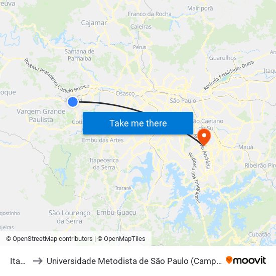 Itapevi to Universidade Metodista de São Paulo (Campus Rudge Ramos ) map