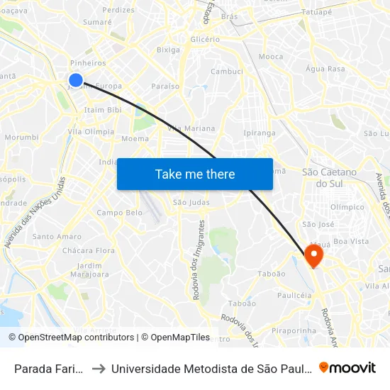 Parada Faria Lima B/C to Universidade Metodista de São Paulo (Campus Rudge Ramos ) map