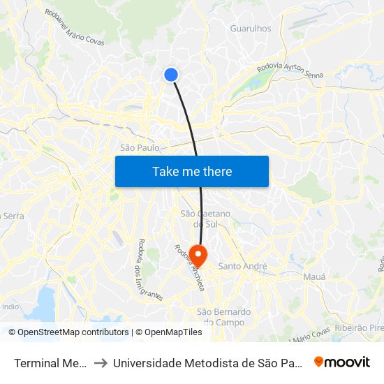 Terminal Metrô Tucuruvi to Universidade Metodista de São Paulo (Campus Rudge Ramos ) map