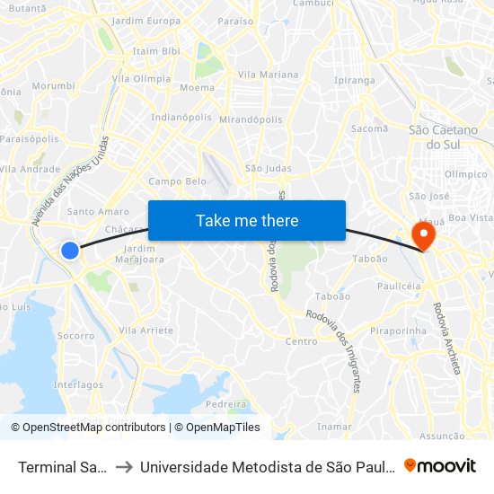 Terminal Santo Amaro to Universidade Metodista de São Paulo (Campus Rudge Ramos ) map