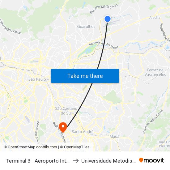 Aeroporto Internacional de São Paulo (Terminal de Passageiros 3) to Universidade Metodista de São Paulo (Campus Rudge Ramos ) map