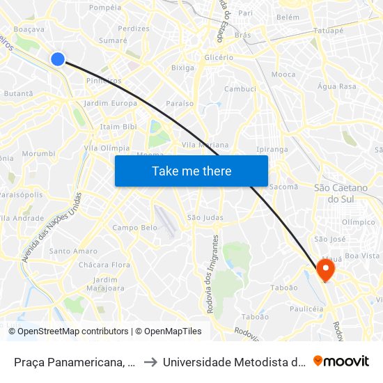 Praça Panamericana, 41 - Alto de Pinheiros, São Paulo to Universidade Metodista de São Paulo (Campus Rudge Ramos ) map