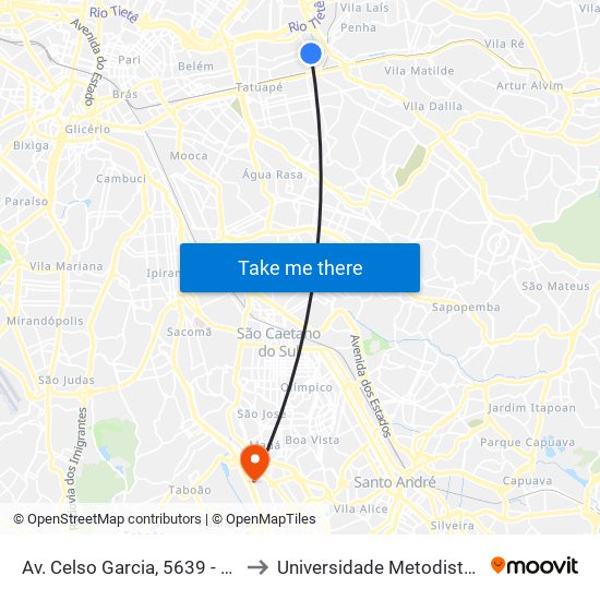 Av. Celso Garcia, 5639 - Parada Retiro 1/2/3 - Maranhão, São Paulo to Universidade Metodista de São Paulo (Campus Rudge Ramos ) map