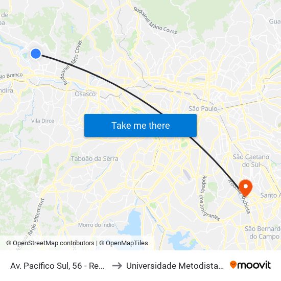 Av. Pacífico Sul, 56 - Res. Dois (Tambore), Santana de Parnaíba to Universidade Metodista de São Paulo (Campus Rudge Ramos ) map