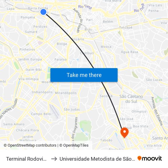 Terminal Rodoviário da Barra Funda to Universidade Metodista de São Paulo (Campus Rudge Ramos ) map