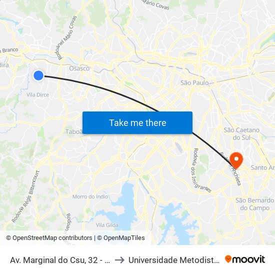 Av. Marginal do Csu, 32 - Cidade Ariston Estela Azevedo, Carapicuíba to Universidade Metodista de São Paulo (Campus Rudge Ramos ) map