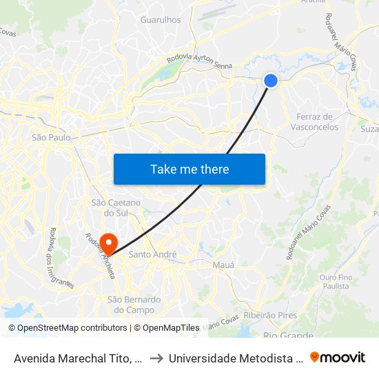 Avenida Marechal Tito, 3311 - São Miguel Paulista, São Paulo to Universidade Metodista de São Paulo (Campus Rudge Ramos ) map
