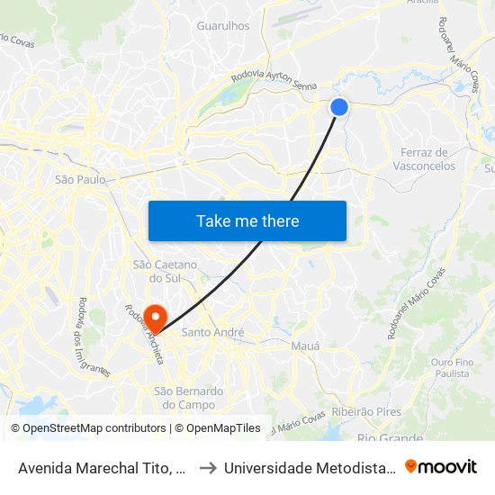 Avenida Marechal Tito, 1079 A - São Miguel Paulista, São Paulo to Universidade Metodista de São Paulo (Campus Rudge Ramos ) map