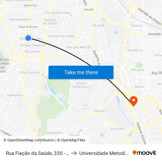 Rua Fiação da Saúde, 330 - Ponto Final da Linha 446 - Vila da Saúde, São Paulo to Universidade Metodista de São Paulo (Campus Rudge Ramos ) map