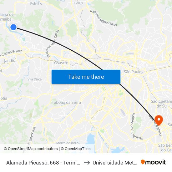 Alameda Picasso, 668 - Terminal do Residencial Burle Marx - Res. Onze (Alphaville), Santana de Parnaíba to Universidade Metodista de São Paulo (Campus Rudge Ramos ) map