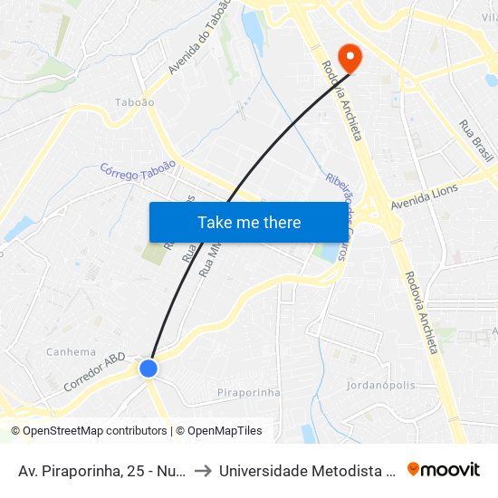 Av. Piraporinha, 25 - Nucleo Hab. Nova Conquista, Diadema to Universidade Metodista de São Paulo (Campus Rudge Ramos ) map