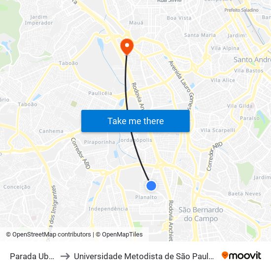 Parada Ubs Planalto to Universidade Metodista de São Paulo (Campus Rudge Ramos ) map
