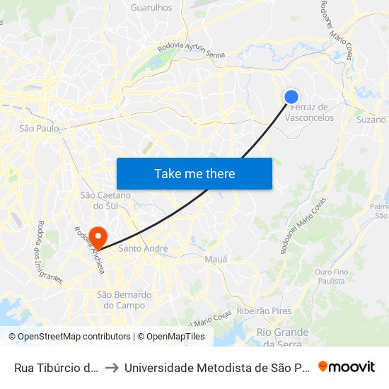 Rua Tibúrcio de Sousa, 2611 to Universidade Metodista de São Paulo (Campus Rudge Ramos ) map