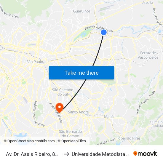 Av. Dr. Assis Ribeiro, 8800 - Ermelino Matarazzo, São Paulo to Universidade Metodista de São Paulo (Campus Rudge Ramos ) map