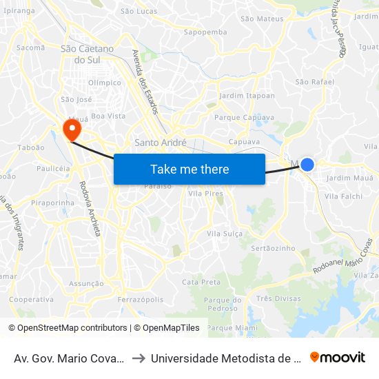 Av. Gov. Mario Covas Júnior, 96 - Centro, Mauá to Universidade Metodista de São Paulo (Campus Rudge Ramos ) map