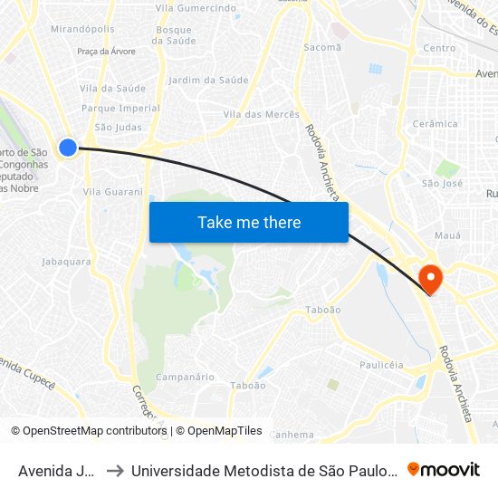 Avenida Jabaquara to Universidade Metodista de São Paulo (Campus Rudge Ramos ) map