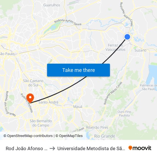 Rod João Afonso de Souza Castellano to Universidade Metodista de São Paulo (Campus Rudge Ramos ) map