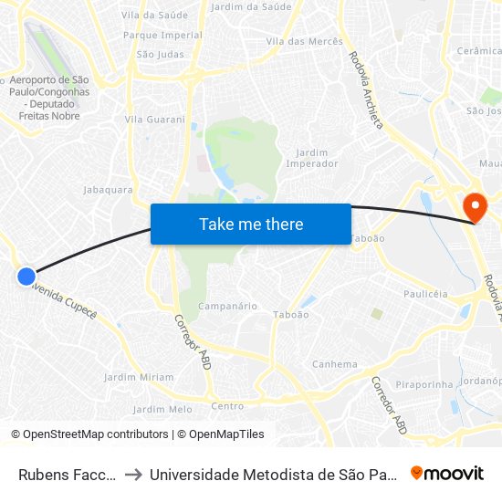 Rubens Facchini (Berrini) to Universidade Metodista de São Paulo (Campus Rudge Ramos ) map