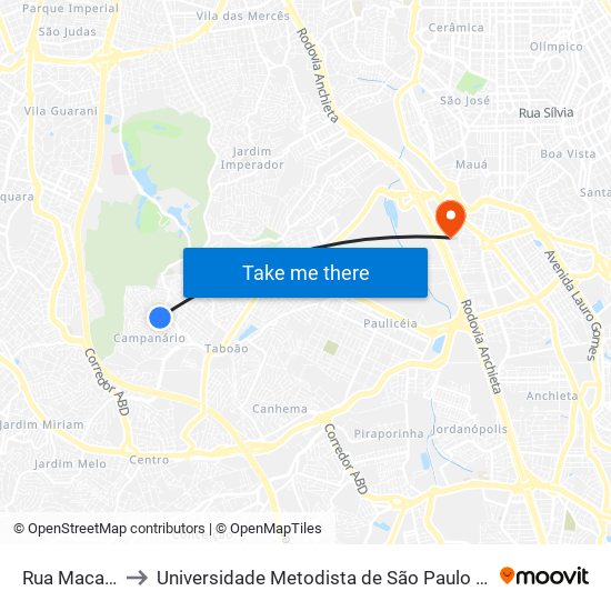 Rua Macahuba 39 to Universidade Metodista de São Paulo (Campus Rudge Ramos ) map