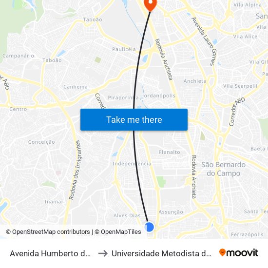 Avenida Humberto de Alencar Castelo Branco 4277 to Universidade Metodista de São Paulo (Campus Rudge Ramos ) map