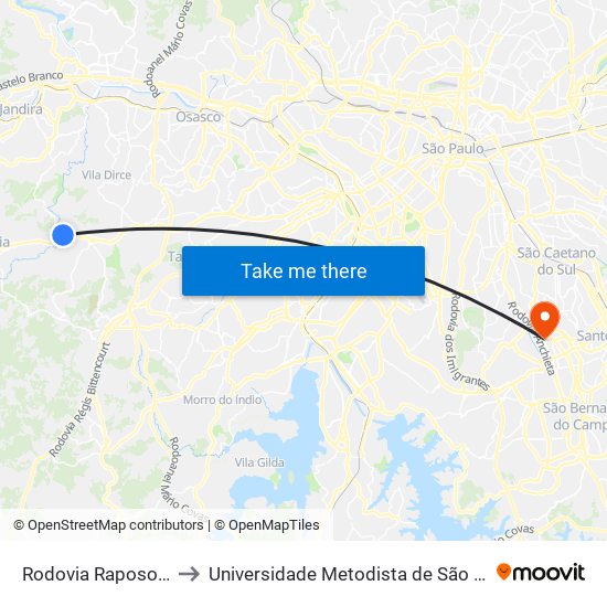 Rodovia Raposo Tavares (Km 28) to Universidade Metodista de São Paulo (Campus Rudge Ramos ) map