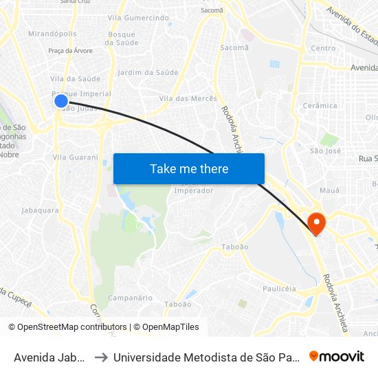 Avenida Jabaquara 2229 to Universidade Metodista de São Paulo (Campus Rudge Ramos ) map