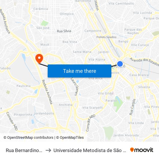 Rua Bernardino de Campos 170 to Universidade Metodista de São Paulo (Campus Rudge Ramos ) map