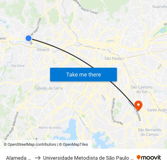 Alameda Araguaia to Universidade Metodista de São Paulo (Campus Rudge Ramos ) map