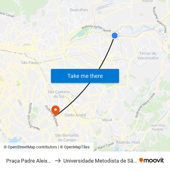 Praça Padre Aleixo Monteiro Mafra 135 to Universidade Metodista de São Paulo (Campus Rudge Ramos ) map