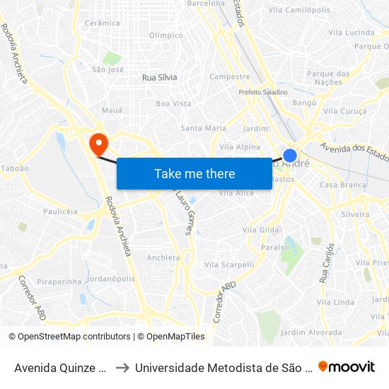 Avenida Quinze de Novembro 213 to Universidade Metodista de São Paulo (Campus Rudge Ramos ) map