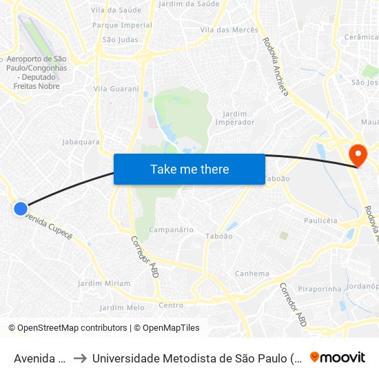 Avenida Cupecê to Universidade Metodista de São Paulo (Campus Rudge Ramos ) map